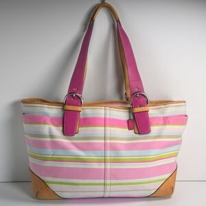 Coach Y2K Hamptons Pastel Striped Canvas & Leather Oversized Tote Bag #5177
